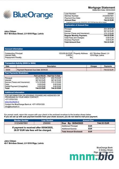 Łotwa Bank BlueOrange wyciąg z kredytu hipotecznego szablon Word i PDF